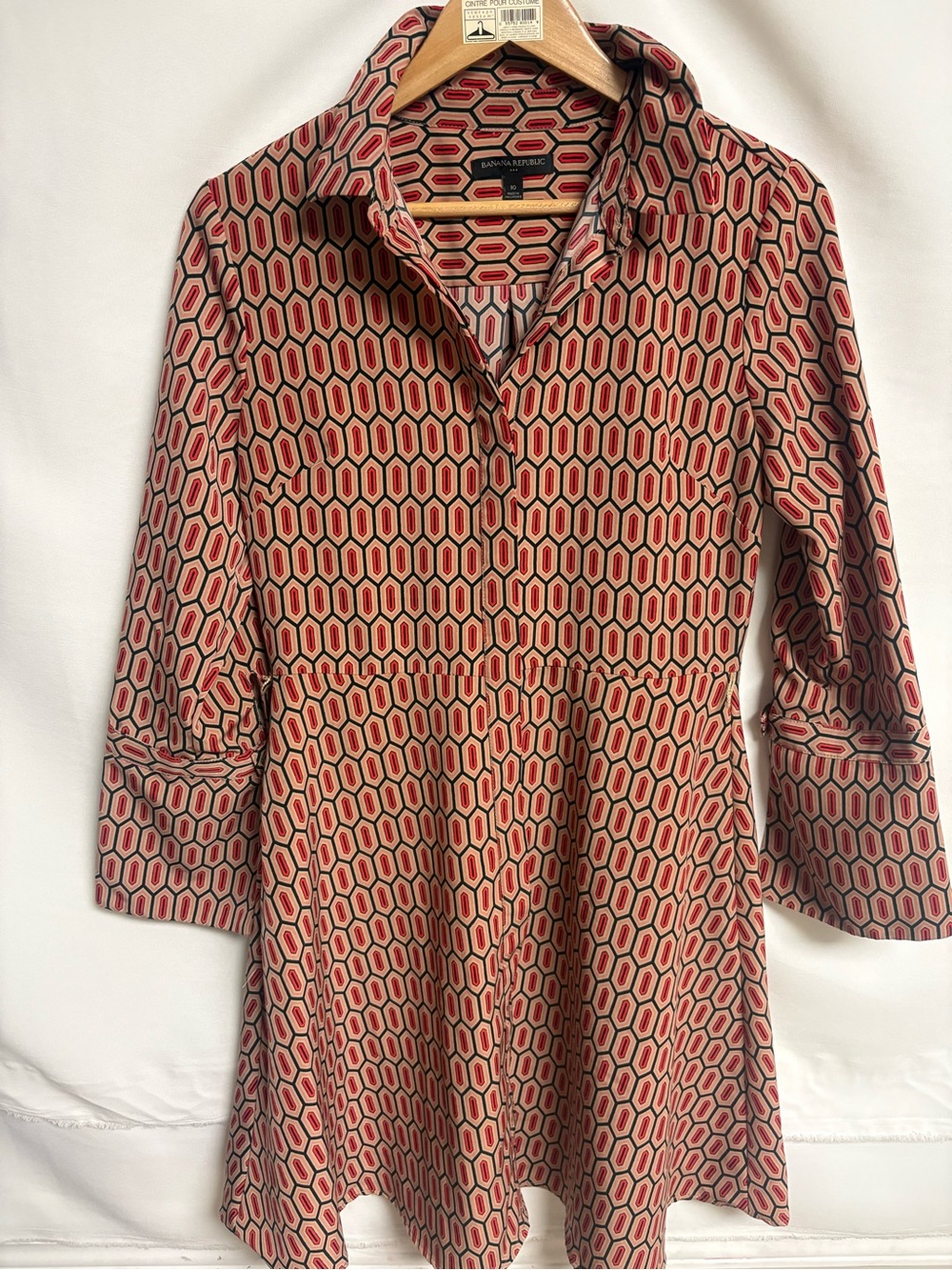 Banana Republic Red Geo-Print Long Sleeve Shirt Dress
